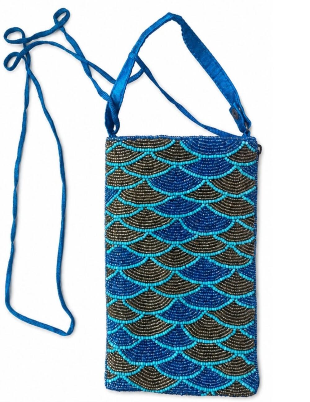 Bamboo Trading Company Beaded Crossbody Phone Bag Blue Turquoise Gold NWOT